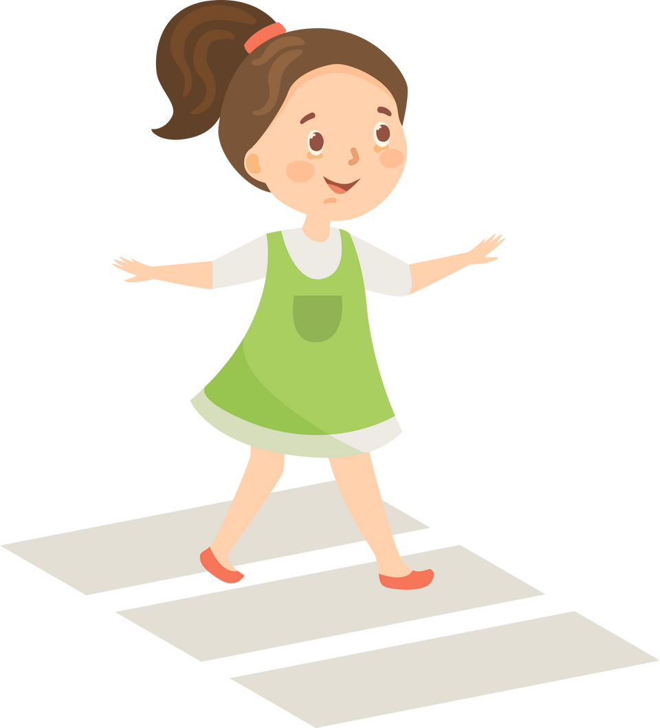 School girl learning traffic rules cartoon illustration. Cute children crossing road on green light, walking on street crosswalk
